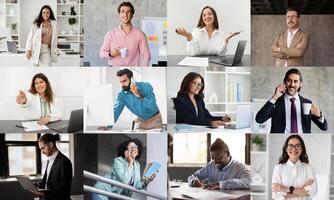 A group of professionals from different backgrounds is actively engaged in various tasks within a contemporary office environment. The individuals are collaborating, participating in meetings photo
