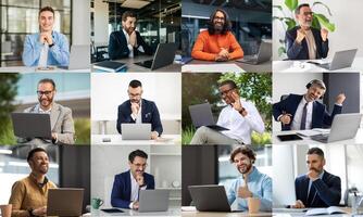 Men are actively participating in online meetings within a contemporary office setting. Each individual is engaged with their laptop, showcasing a range of expressions from joy to determination photo