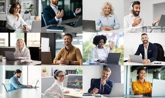 A diverse group of professionals is working from home, engaged in various activities such as conferencing, typing, and collaborating online. Each individual is focused on their tasks photo
