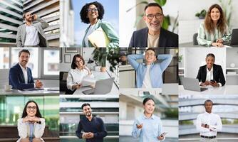 A lively assortment of professionals is depicted, showcasing collaboration, creativity, and productivity in bright and modern office environments. Individuals are engaged in discussions photo