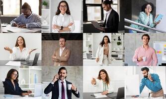 A diverse group of professionals is captured in various work activities within a contemporary office environment. Display collaboration, concentration, professionalism, showcasing their unique roles photo