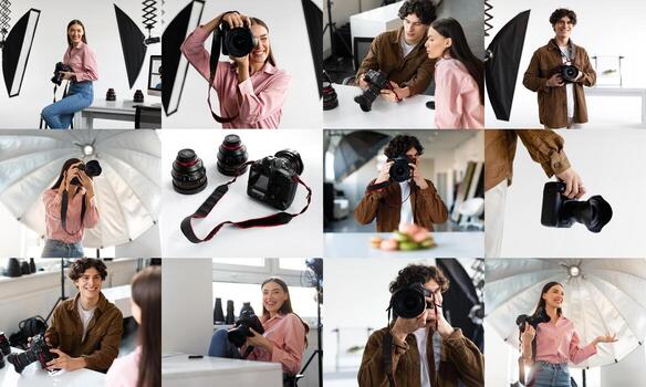 A group of young adults are posing with cameras in a studio environment. They are using various lighting equipment, including a large softbox and reflectors, to create different lighting effects photo