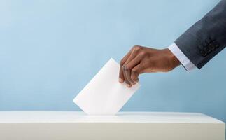 Elections in USA 2020. African american man putting an empty ballot in election box over blue background, copy space photo
