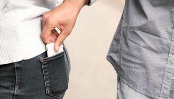Pickpocketing. Thief Stealing Smartphone From Woman's Pocket On A Street In City. Cropped, Closeup photo