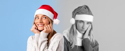 A joyful young woman wears a red Santa hat and a sweater while smiling brightly on one side. On the other side, a contrasting figure with a gray hat and a muted expression reflects feelings of sadness photo