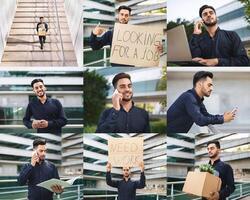 A young professional is actively seeking employment through various methods in a contemporary urban environment. The individual is seen using a laptop, making phone calls, holding a sign photo