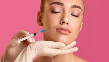 This image shows a woman receiving an injection to her face. She has her eyes closed and appears to be relaxing during the procedure. The image is taken close-up photo