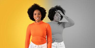 Black woman stands confidently on the left with a bright yellow background, embodying positivity. On the right, her expression shifts to a frown, with a contrasting gray background photo