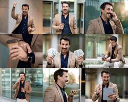 A businessman expresses joy as he raises his fist in celebration while holding a coffee cup. He engages in phone conversations and shows off cash and a tablet at a modern urban setting. photo