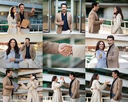 Two business partners are engaged in various activities on a rooftop terrace, exchanging ideas and shaking hands. They appear animated and enthusiastic as they discuss their project. photo