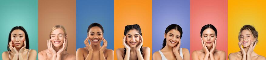 A group of eight diverse women smile while touching their faces, each standing in front of a different colored background. photo