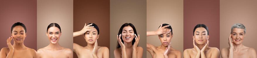 Seven women of different ages and skin tones are shown in a studio setting, applying skincare products to their faces. They are all looking at the camera with a variety of expressions. photo