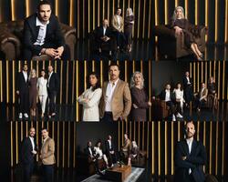 A diverse group of professionals showcases confidence and style in an upscale studio environment. They are positioned near elegant furniture, featuring striking lighting photo