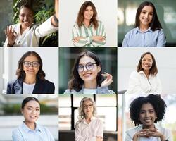 A diverse collection of women smiling and posing for the camera. Each individual showcases confidence and friendliness in a professional environment. The atmosphere is bright and welcoming photo