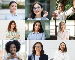 A group of nine women is depicted, showcasing a range of diverse backgrounds and expressions. They are interacting joyfully in various professional environments photo