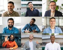 A diverse group of men, showcasing various styles and expressions, engages in light-hearted conversations in a contemporary office environment. photo