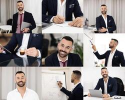 A well-dressed businessman is actively involved in multiple work tasks within a contemporary office environment, showcasing his skills in meetings, presentations, and personal branding. photo