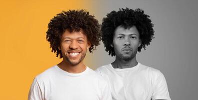 Black man smiling brightly while wearing a white shirt. He stands confidently against a vibrant yellow backdrop, showcasing a striking contrast with a monochrome version of himself. photo