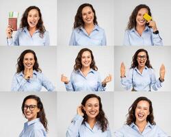 A cheerful woman appears in a studio, displaying various emotions while holding different items. She radiates excitement and happiness, showcasing her personality in different poses and expressions photo