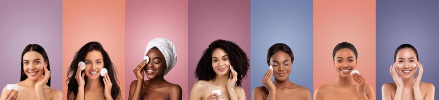 A group of diverse women are shown applying makeup with cotton pads. The women are positioned against different colored backgrounds, creating a vibrant and eye-catching visual. photo