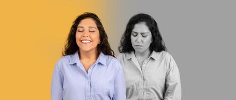 A woman displays two distinct emotional states, one joyful with a smiling expression, while the other appears somber and contemplative. The vibrant background emphasizes the contrast in her emotions photo