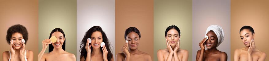 A collage of six images featuring diverse women applying makeup to their faces using cotton pads and sponges. The images highlight the different stages of applying makeup photo
