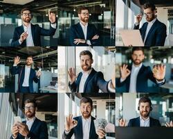 A well-dressed business professional actively participates in different work tasks within a modern office. He is seen using a laptop, making phone calls, and demonstrating enthusiasm photo