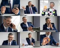 A businessman interacts with clients over the phone, handles financial transactions with a credit card, and showcases teamwork through greetings and collaborative efforts photo