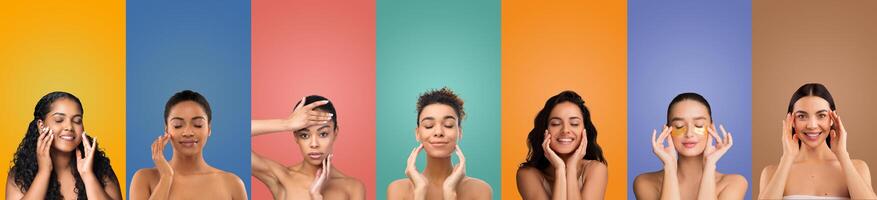 Seven women are applying golden eye patches to their skin, each in front of a different color background. They appear to be wearing no makeup and have a natural, glowing complexion. photo