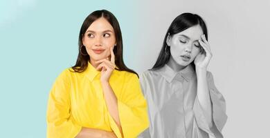 A young woman stands confidently, wearing a bright yellow top, while displaying a thoughtful expression with her finger on her chin. Her pose contrasts with another version of herself in muted tones photo