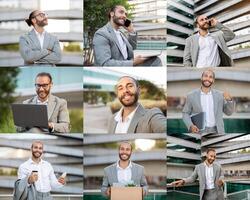 A man dressed in a formal business suit is actively engaged in multiple tasks outdoors. He is seen on his phone, working on a laptop, holding a notebook, and smiling while carrying a box. photo