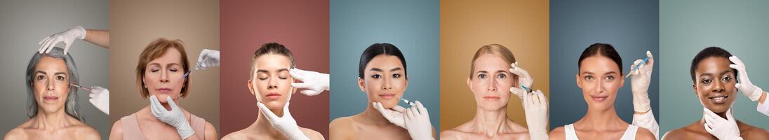 A row of seven diverse women are shown receiving facial injections in a clinical setting. The women are all looking directly at the camera, and the focus is on their faces photo