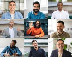 A diverse group of men is depicted, showcasing a range of expressions and interactions in a bright, modern office space. Some are smiling while waving, others are engaged in conversation photo