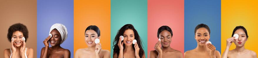 A group of seven diverse women are shown on a colorful background, each applying makeup remover pads to their faces. They are all smiling and seem happy and confident. photo