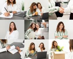 A group of professional women engage in various collaborative activities within a modern office environment. They are seen brainstorming, discussing, and exchanging ideas. photo