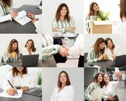 A lively office environment showcases various professional activities, including teamwork discussions, personal interactions, and individual focus. Employees are seen collaborating on projects photo