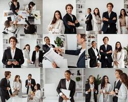 A diverse group of professionals is actively collaborating in a contemporary office space, sharing ideas and documents. They engage in discussions, planning strategies, and enhancing teamwork photo