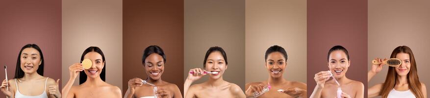 This image shows seven multiethnic women with bare shoulders and smiling faces. They are each holding different beauty products and engaging in various beauty practices photo