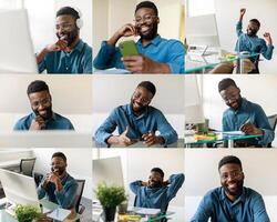 Black man with glasses sits at his desk in a bright office, smiling and engaging in different activities. He checks his phone, interacts with his computer, shows expressions of joy and concentration photo