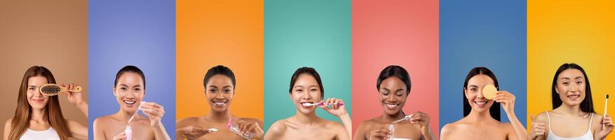 Seven young women are pictured in a row against a colorful backdrop, each smiling and demonstrating a different aspect of their morning beauty and hygiene routines. photo