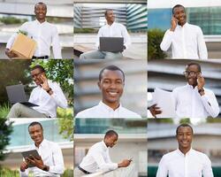 A young black man is seen engaged in multiple activities within a contemporary urban office setting. He enjoys working on a laptop, speaking on the phone, and smiling at the camera photo