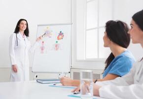 Practitioner giving lecture for colleagues using whiteboard and pictures photo