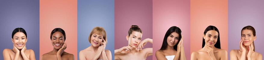 This image features seven diverse women with different hairstyles and skin tones, smiling and touching their faces while posing against a backdrop of seven different pastel colors. photo