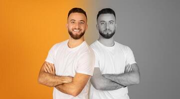 A young man stands confidently with arms crossed, showcasing bright smile on one side and serious expression in monochrome on the other. Contrasting backgrounds enhance the duality of his demeanor. photo