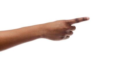 Counting and enumeration concept. Black woman's hand showing number one with fingers isolated on white background, panorama photo