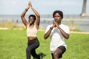 Black couple performing yoga poses outside in a green park. They are both wearing casual workout clothing. The background is a grassy field with a body of water and a structure in the distance. photo