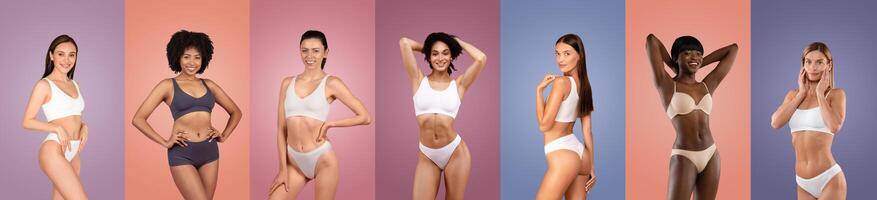 This image shows seven diverse women posing confidently in various underwear styles against a backdrop of colorful backgrounds. Each woman displays a different body type and skin tone photo