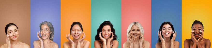 Seven diverse women are applying a face mask in front of vibrant, colorful backgrounds. Each woman is smiling and looking directly at the camera, showcasing their diverse skin tones photo
