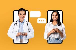 A doctor and a patient are engaging in an online consultation via their smartphones. The background is a bright orange color, and text message icons are visible between them photo