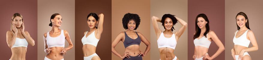 This image features seven women with different hair styles, skin tones, and poses, wearing sports bras in white and grey. They are all standing against a brown backdrop photo